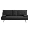 Sofa Bed With Armrest Two Holders Wood Frame, Stainless Leg, Futon Black Pvc Black Leather