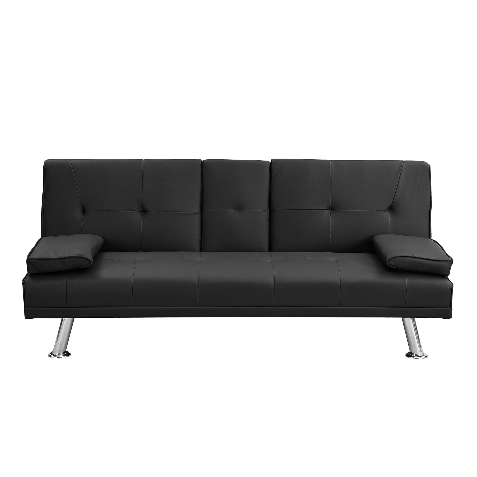 Sofa Bed With Armrest Two Holders Wood Frame, Stainless Leg, Futon Black Pvc Black Leather