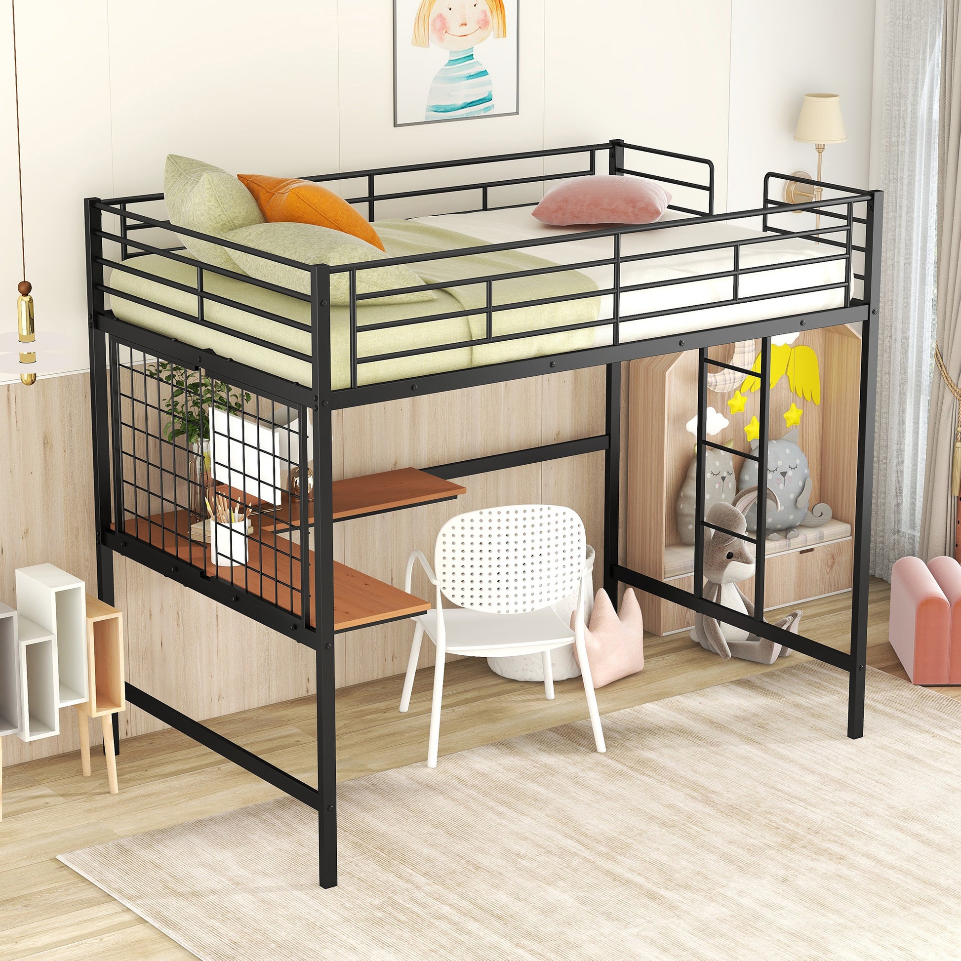 Full Metal Loft Bed With Desk And Metal Grid, Black Black Metal