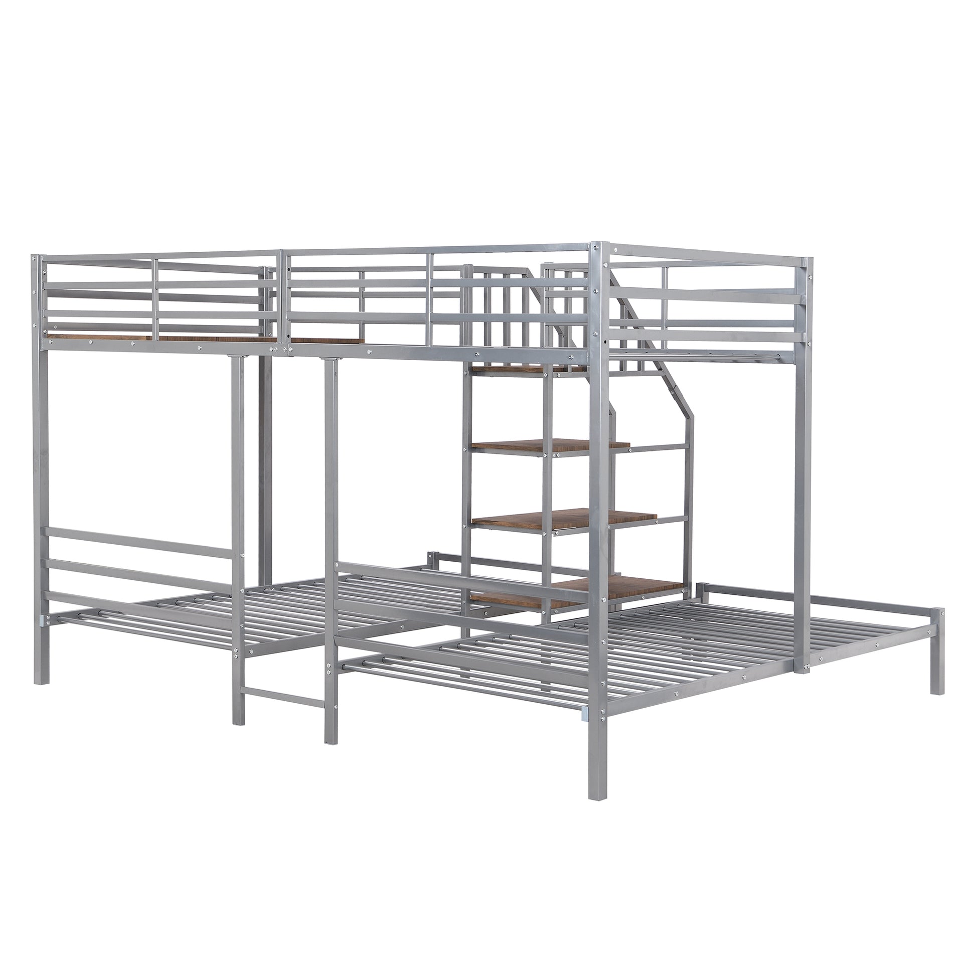 Metal Twin Over Twin & Twin Bunk Bed, Triple Bunk Bed With Storage Shelves Staircase, Silver Silver Metal & Wood