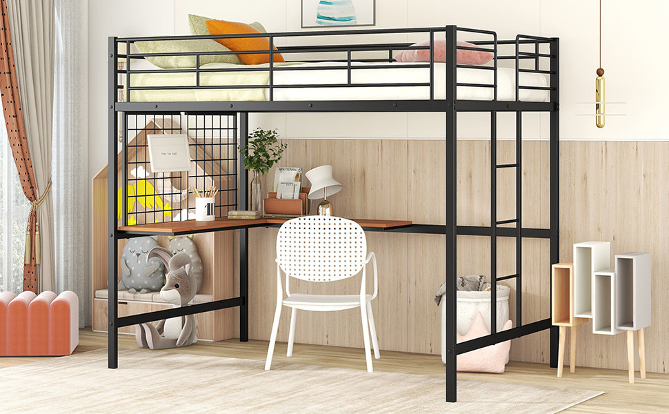 Full Metal Loft Bed With Desk And Metal Grid, Black Black Metal