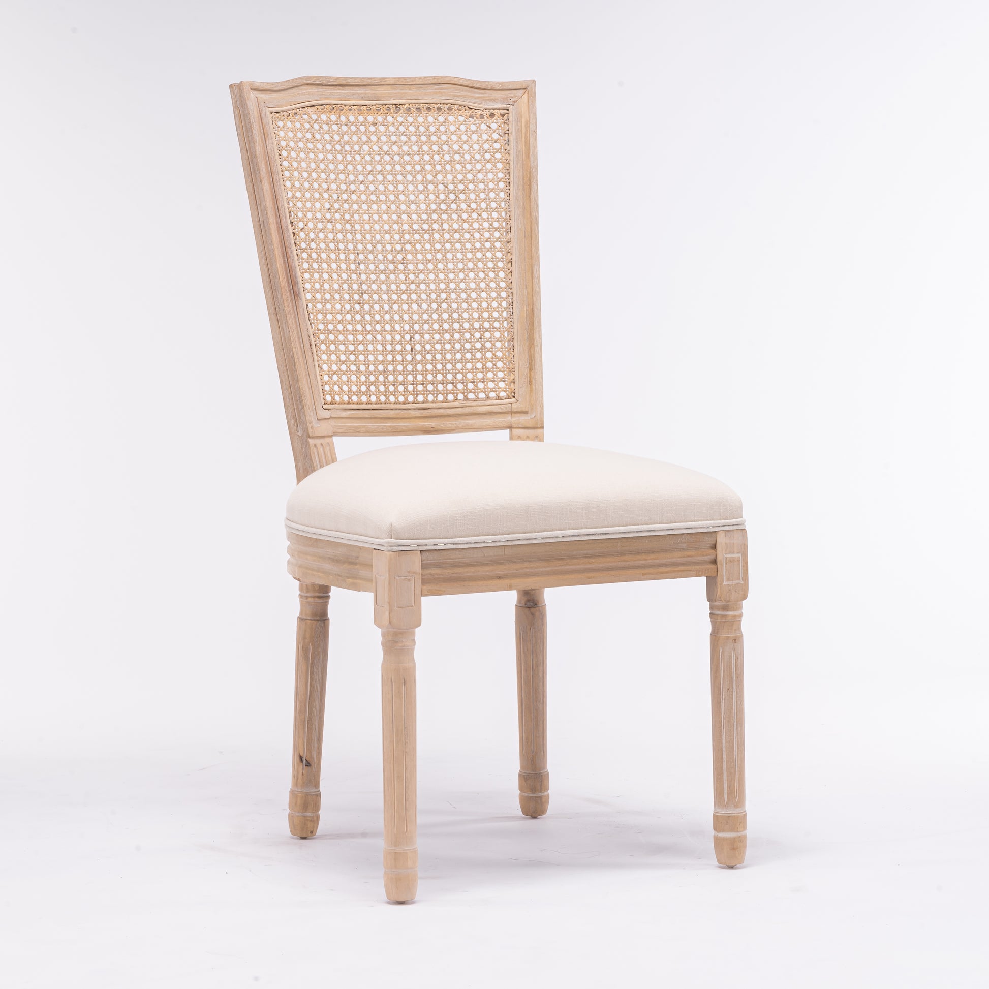 French Style Solid Wood Frame Linen Fabric Square Rattan Back Dining Chair,Set Of 2,Cream Cream Fabric Solid Wood