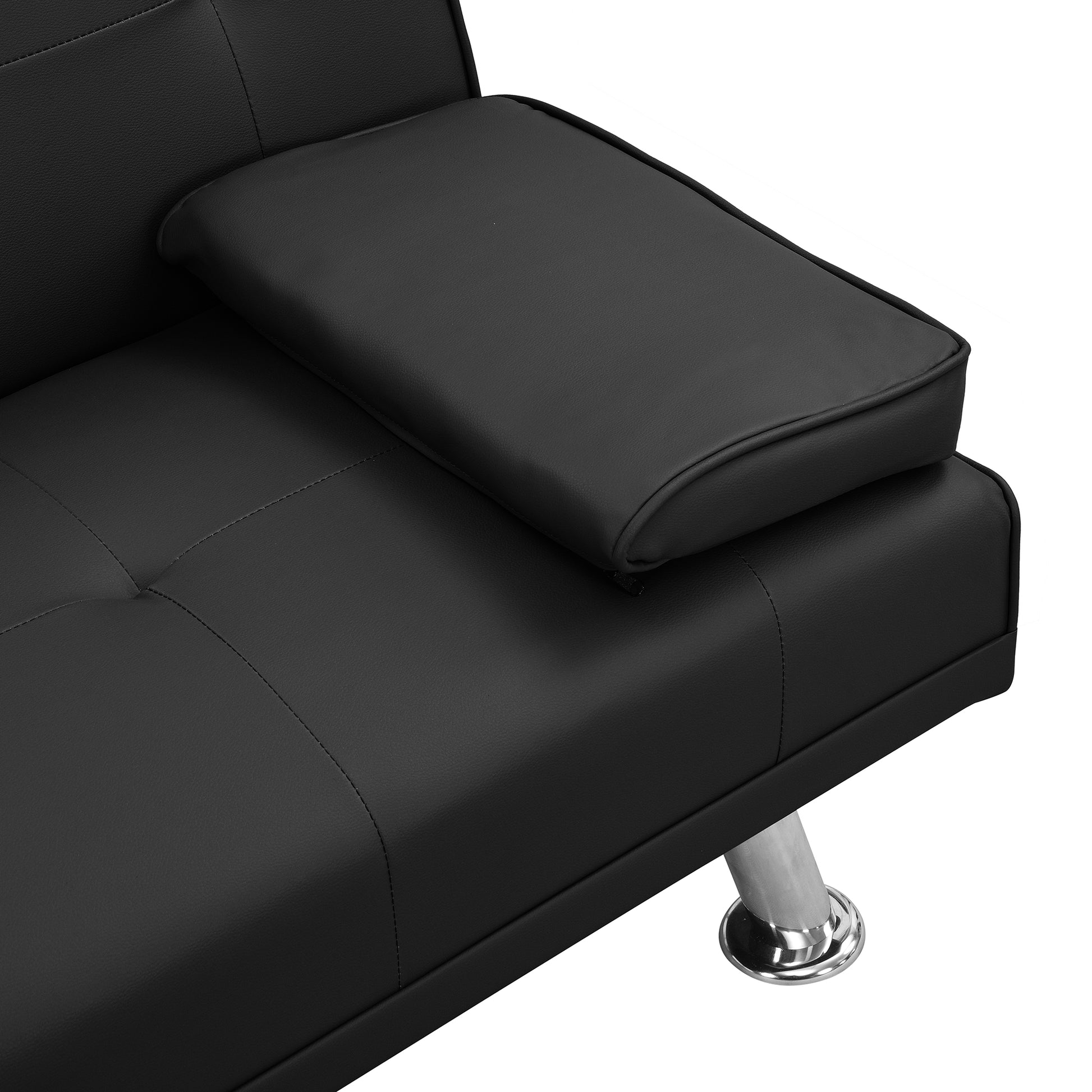 Sofa Bed With Armrest Two Holders Wood Frame, Stainless Leg, Futon Black Pvc Black Leather