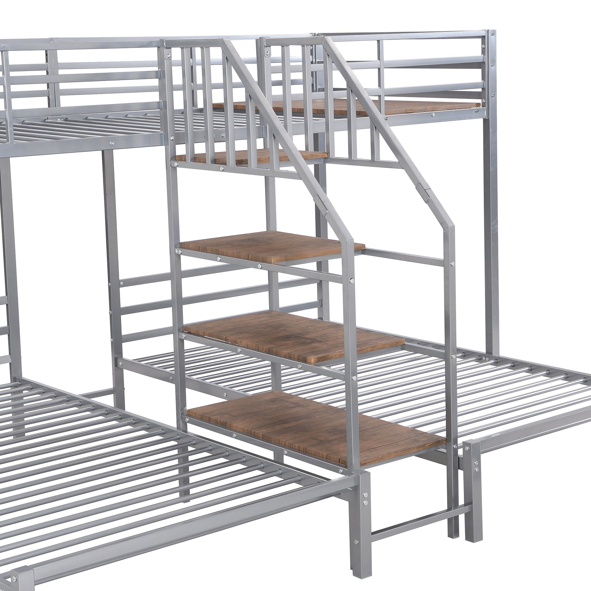 Metal Twin Over Twin & Twin Bunk Bed, Triple Bunk Bed With Storage Shelves Staircase, Silver Silver Metal & Wood