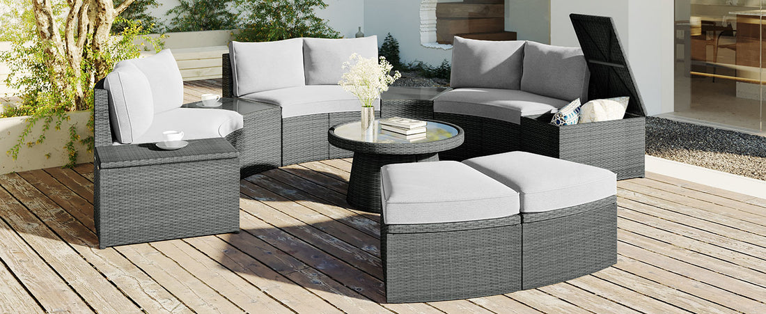 10 Piece Outdoor Sectional Half Round Patio Rattan Sofa Set, Pe Wicker Conversation Furniture Set Combination, Light Gray Yes Complete Patio Set Light Gray Water Resistant Frame Water Resistant