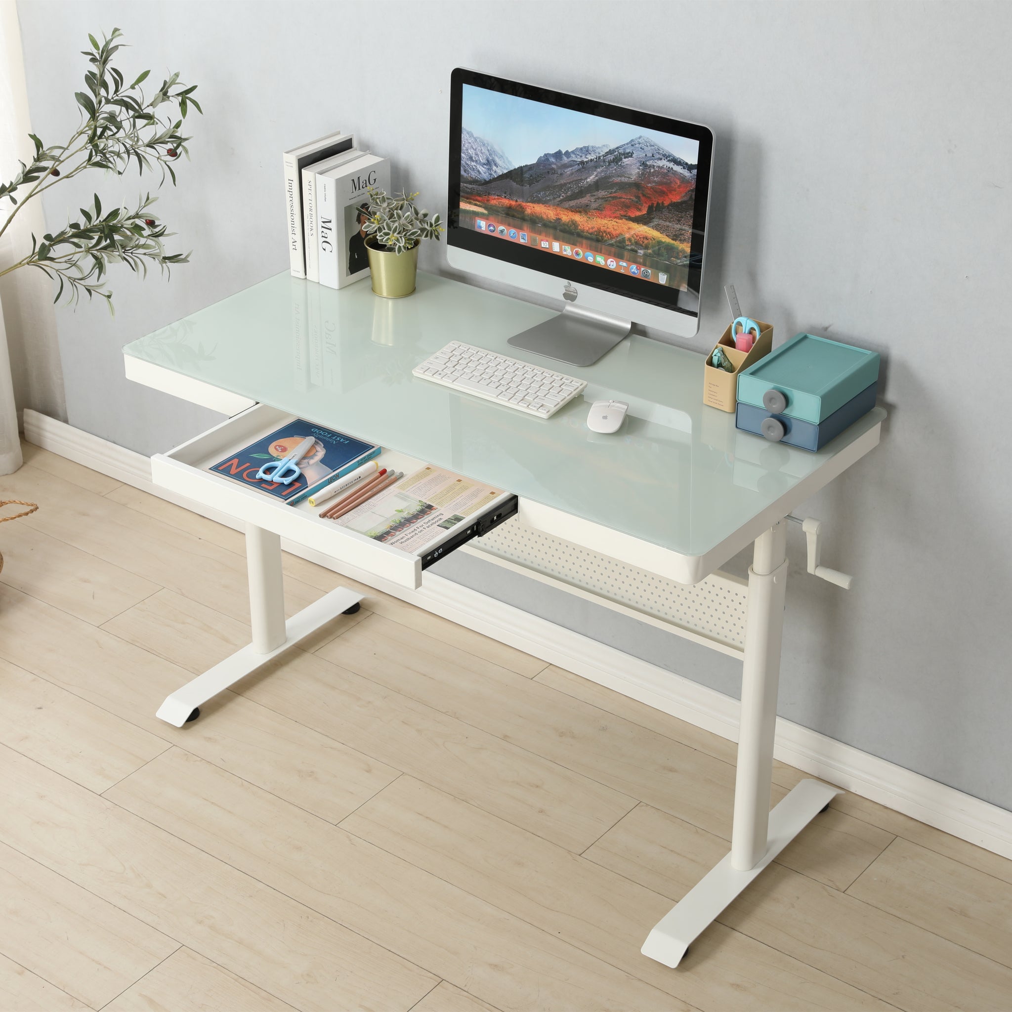 48 x 24 Inches Tempered Glass Standing Desk with Metal white-glass-steel