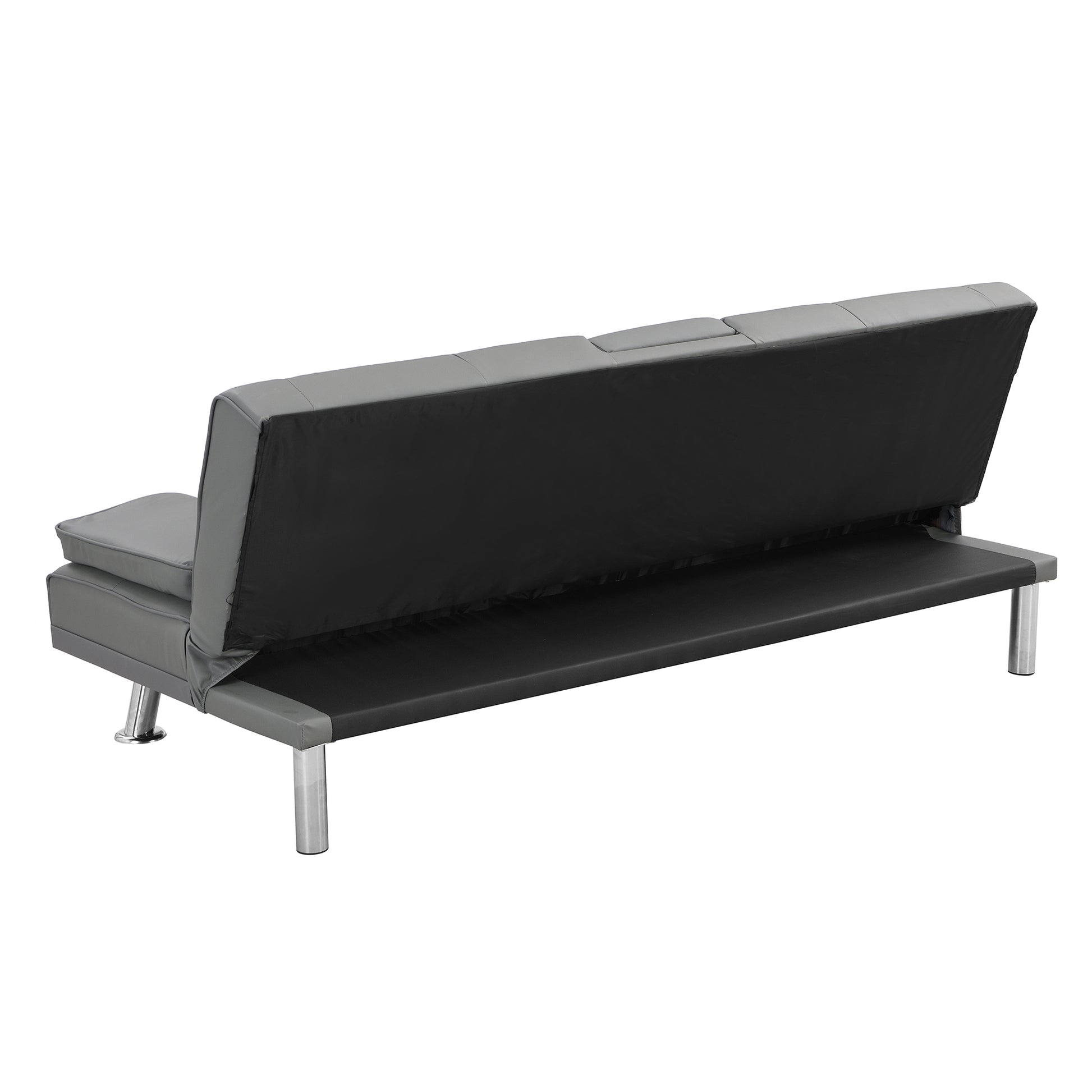 Sofa Bed With Armrest Two Holders Wood Frame, Stainless Leg, Futon Grey Pvc Grey Leather