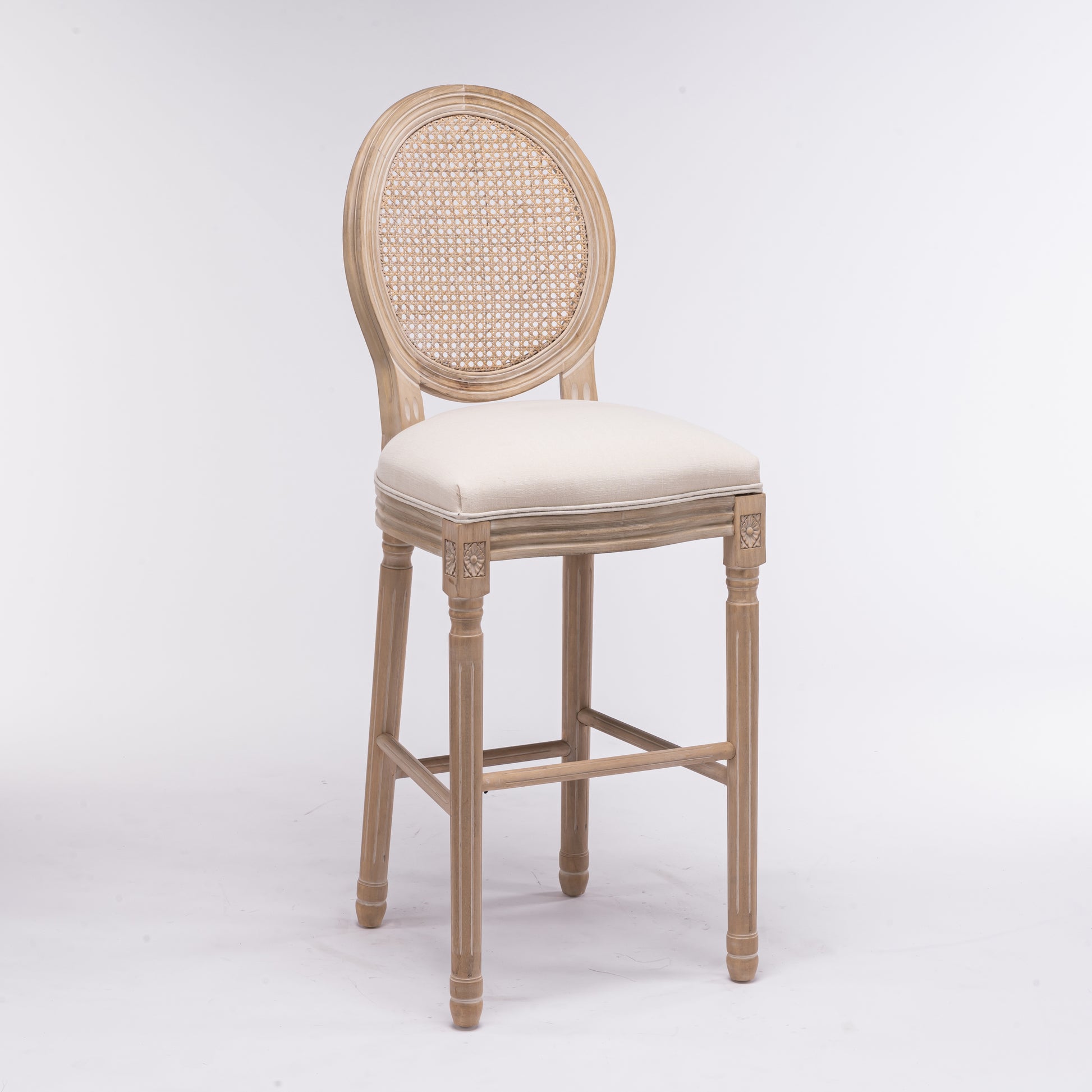 French Country Wooden Barstools Rattan Back With Upholstered Seatingbeige And Natural ,Set Of 2 Cream Fabric Solid Wood