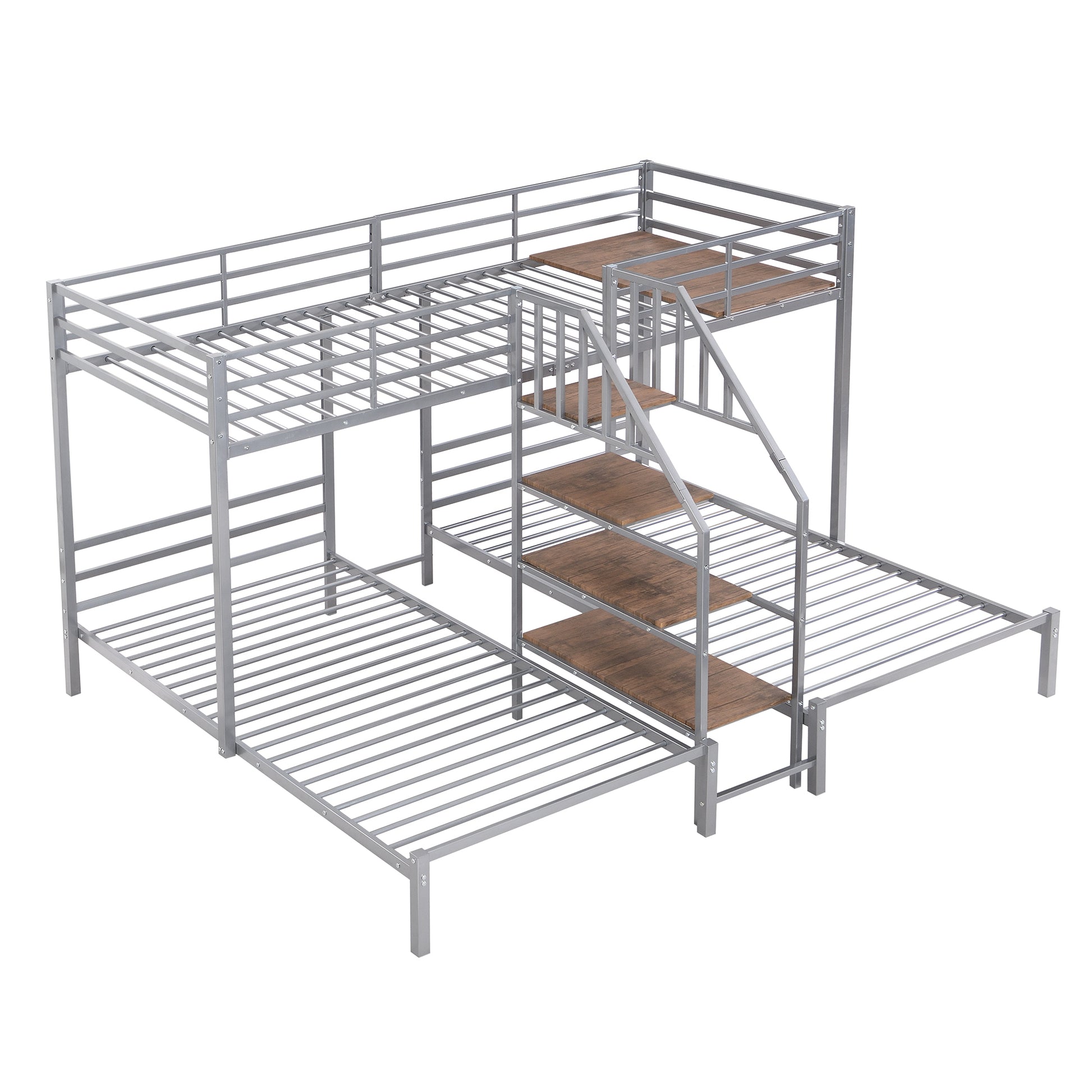 Metal Twin Over Twin & Twin Bunk Bed, Triple Bunk Bed With Storage Shelves Staircase, Silver Silver Metal & Wood