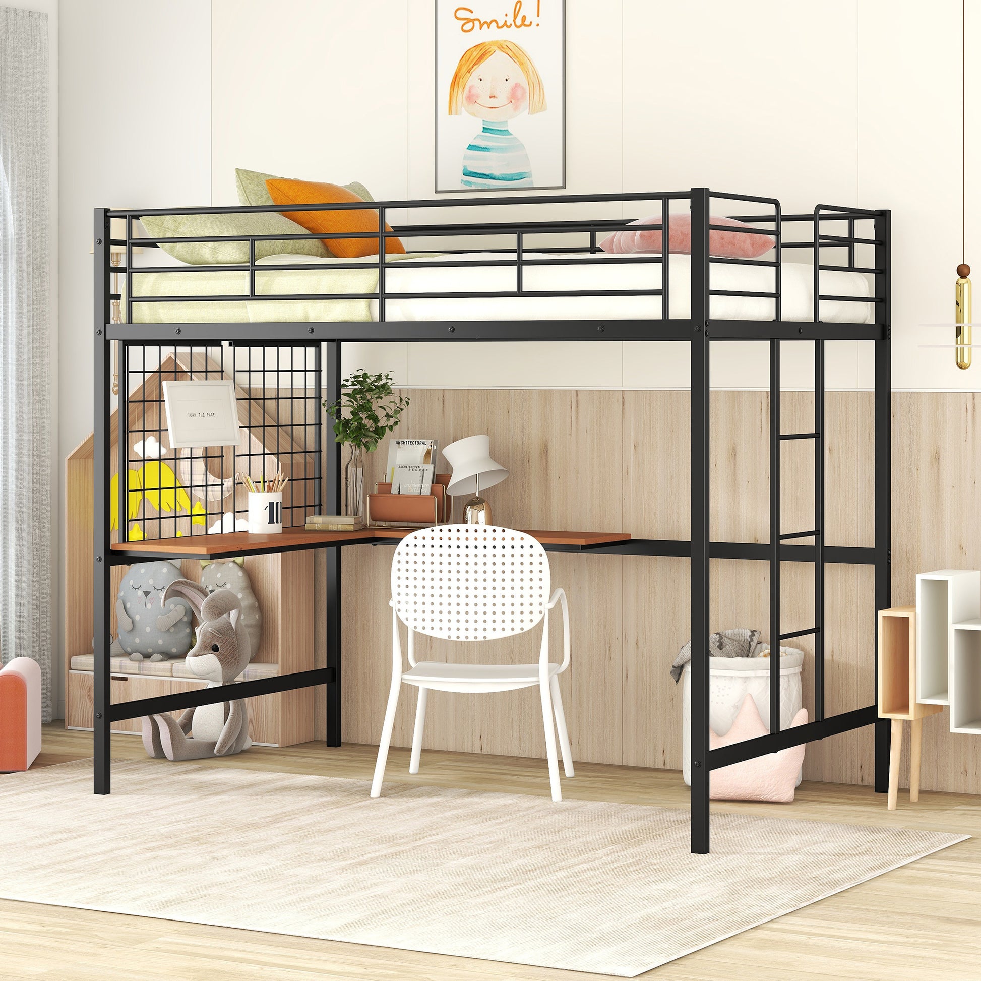 Full Metal Loft Bed With Desk And Metal Grid, Black Black Metal