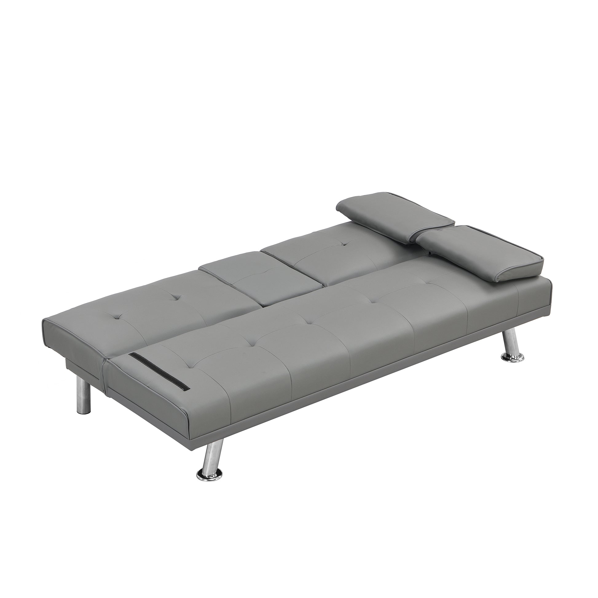 Sofa Bed With Armrest Two Holders Wood Frame, Stainless Leg, Futon Grey Pvc Grey Leather