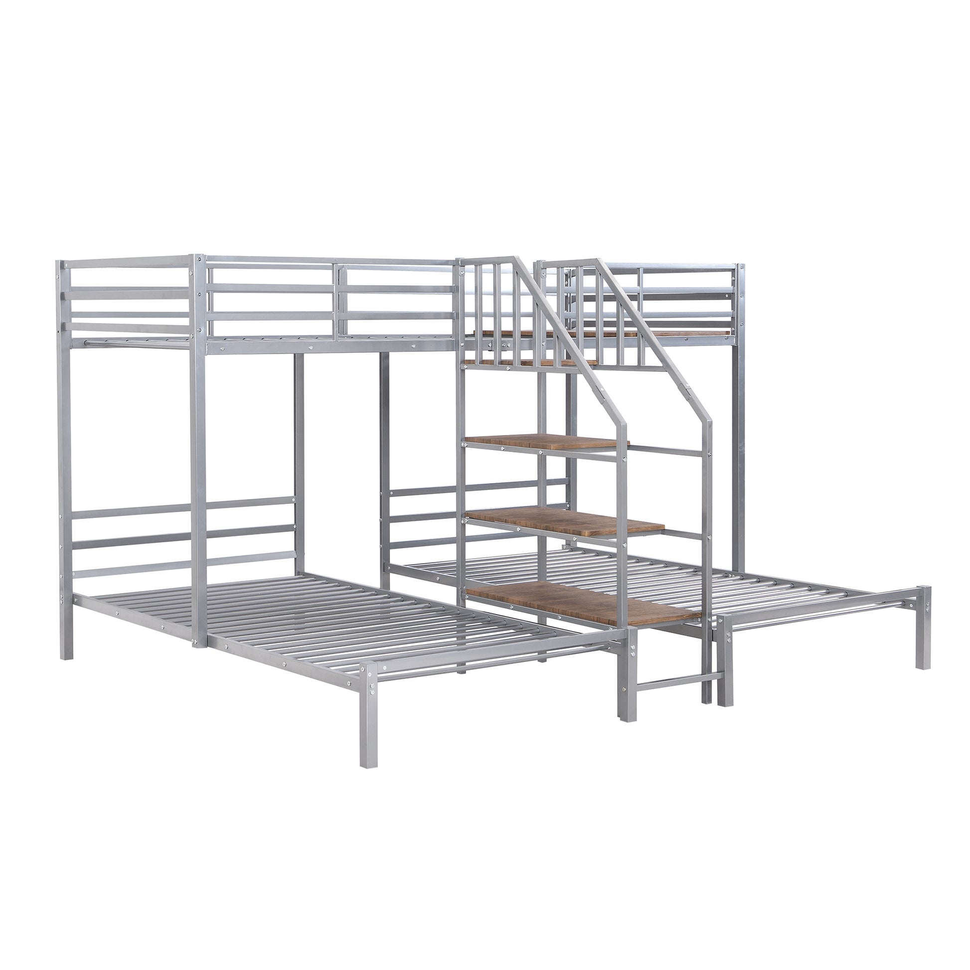 Metal Twin Over Twin & Twin Bunk Bed, Triple Bunk Bed With Storage Shelves Staircase, Silver Silver Metal & Wood