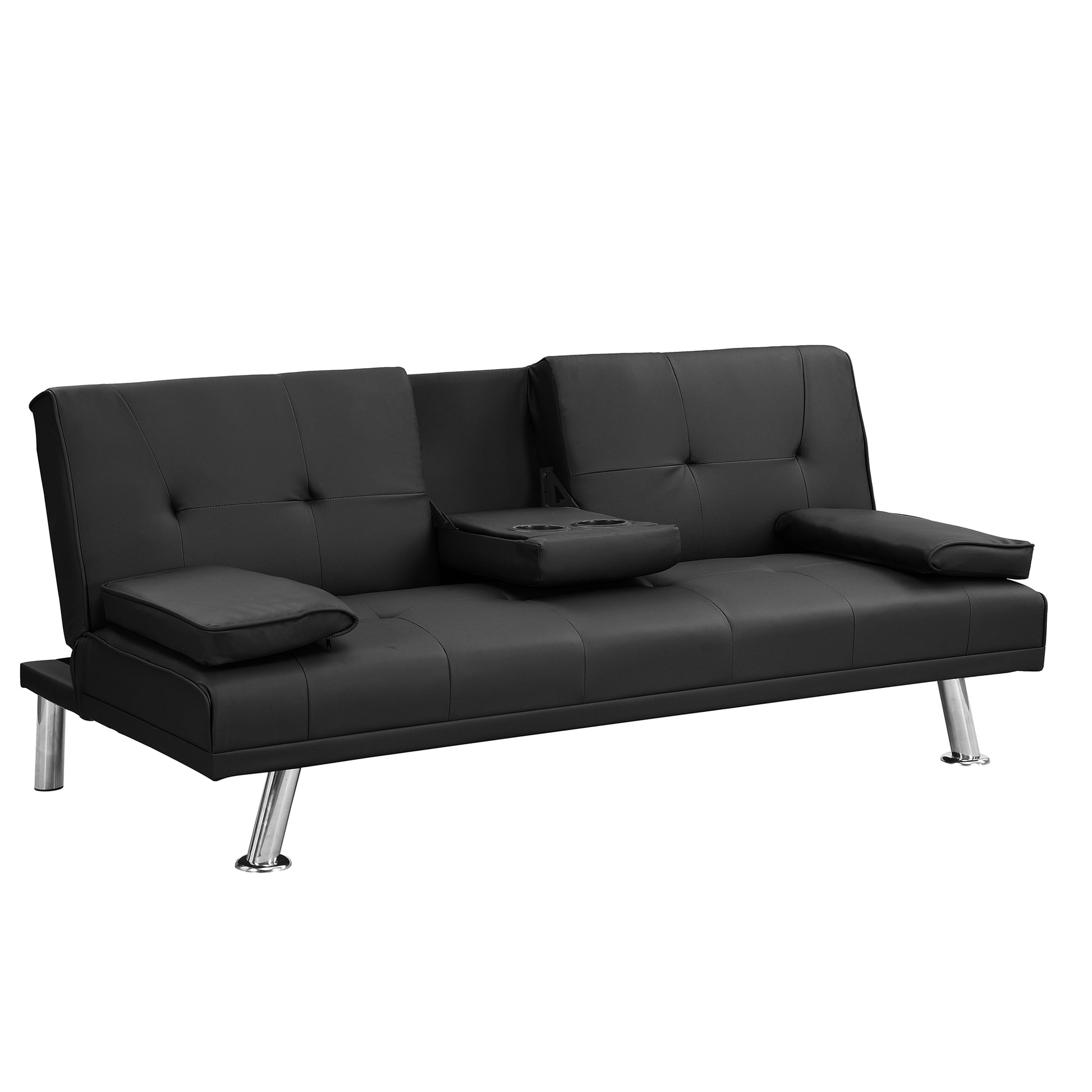 Sofa Bed With Armrest Two Holders Wood Frame, Stainless Leg, Futon Black Pvc Black Leather
