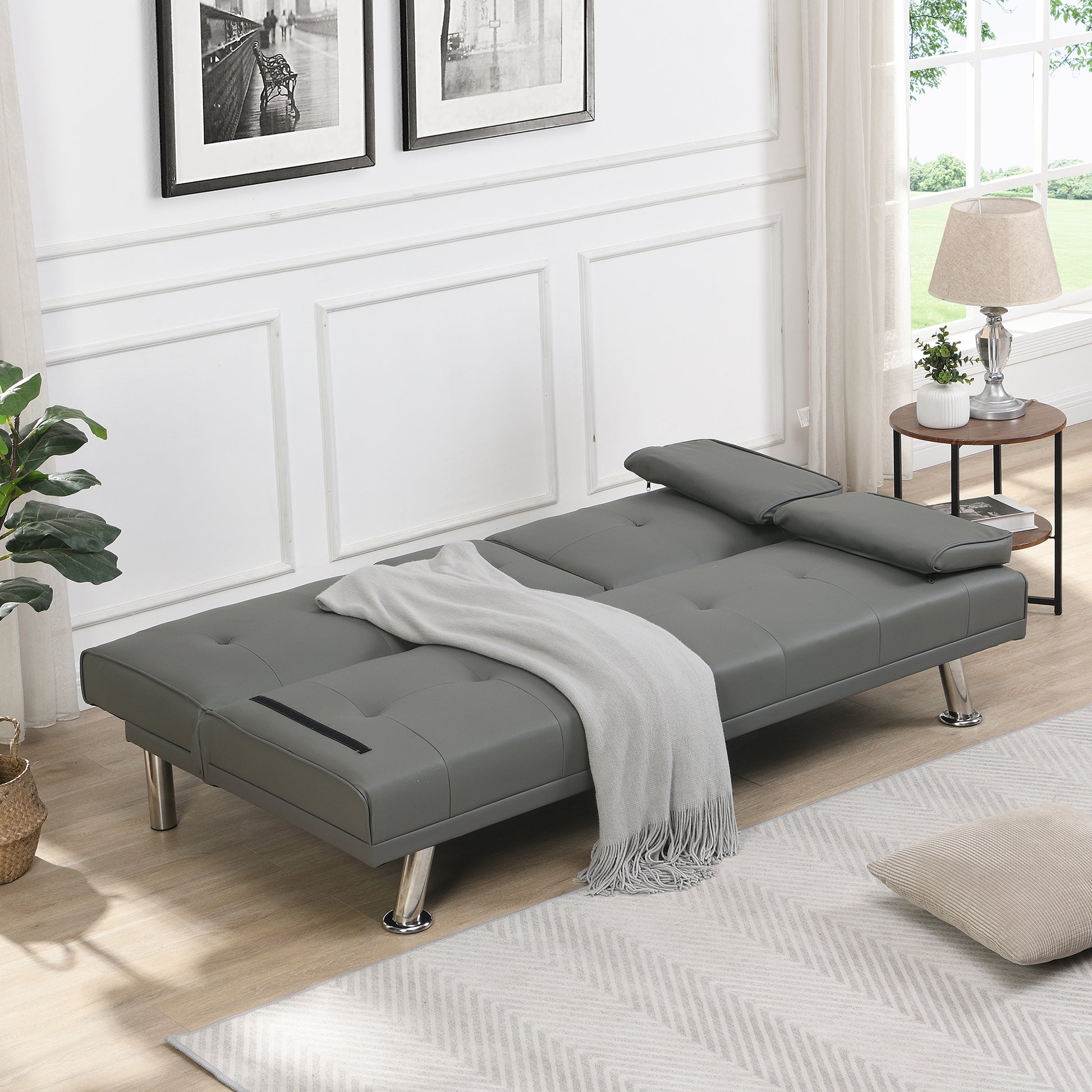 Sofa Bed With Armrest Two Holders Wood Frame, Stainless Leg, Futon Grey Pvc Grey Leather