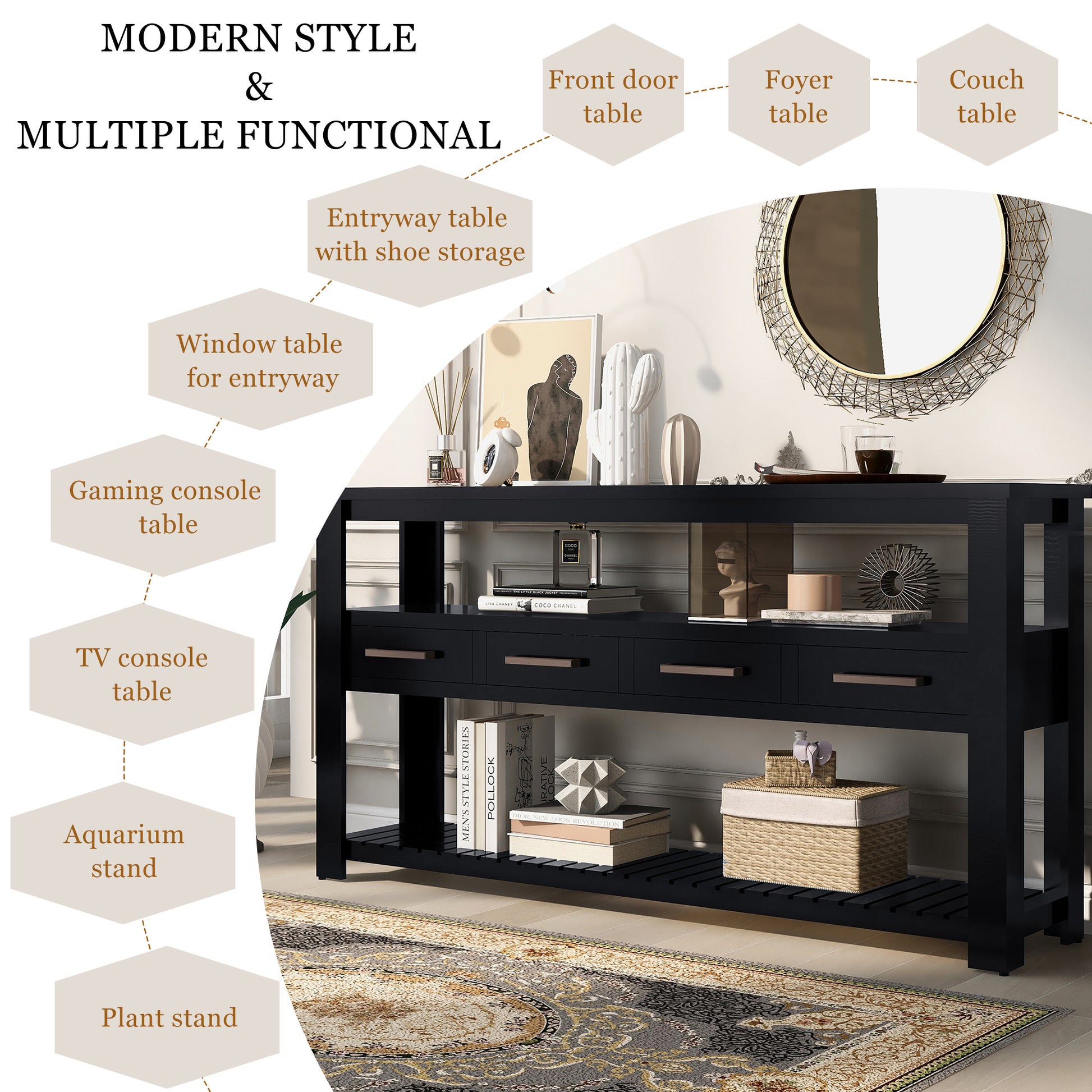 62.2'' Modern Console Table Sofa Table For Living Room With 4 Drawers And 2 Shelves Black Solid Wood Mdf