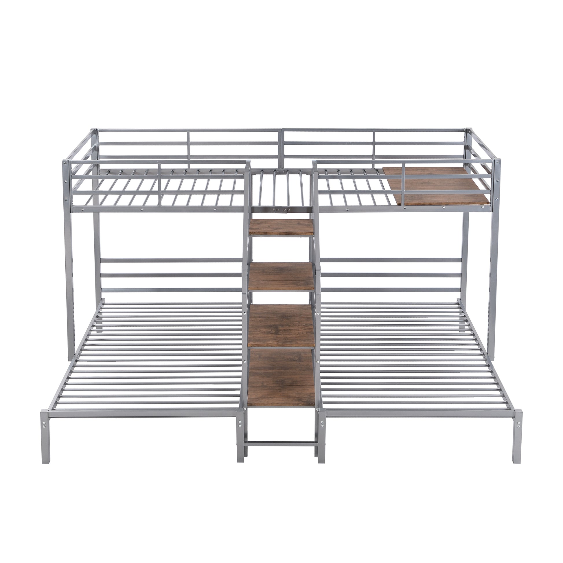 Metal Twin Over Twin & Twin Bunk Bed, Triple Bunk Bed With Storage Shelves Staircase, Silver Silver Metal & Wood