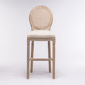 French Country Wooden Barstools Rattan Back With Upholstered Seatingbeige And Natural ,Set Of 2 Cream Fabric Solid Wood