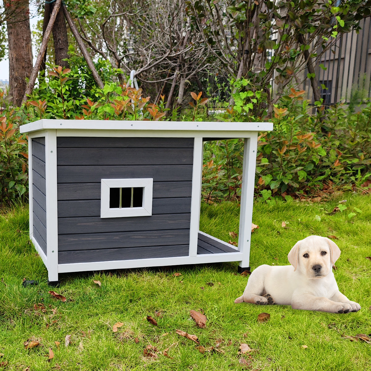 Wooden Dog House Dog Kennel With Opening Hinged Roof For Easy Cleaning, Indoor Solid Wood Dog Cage Gray Solid Wood