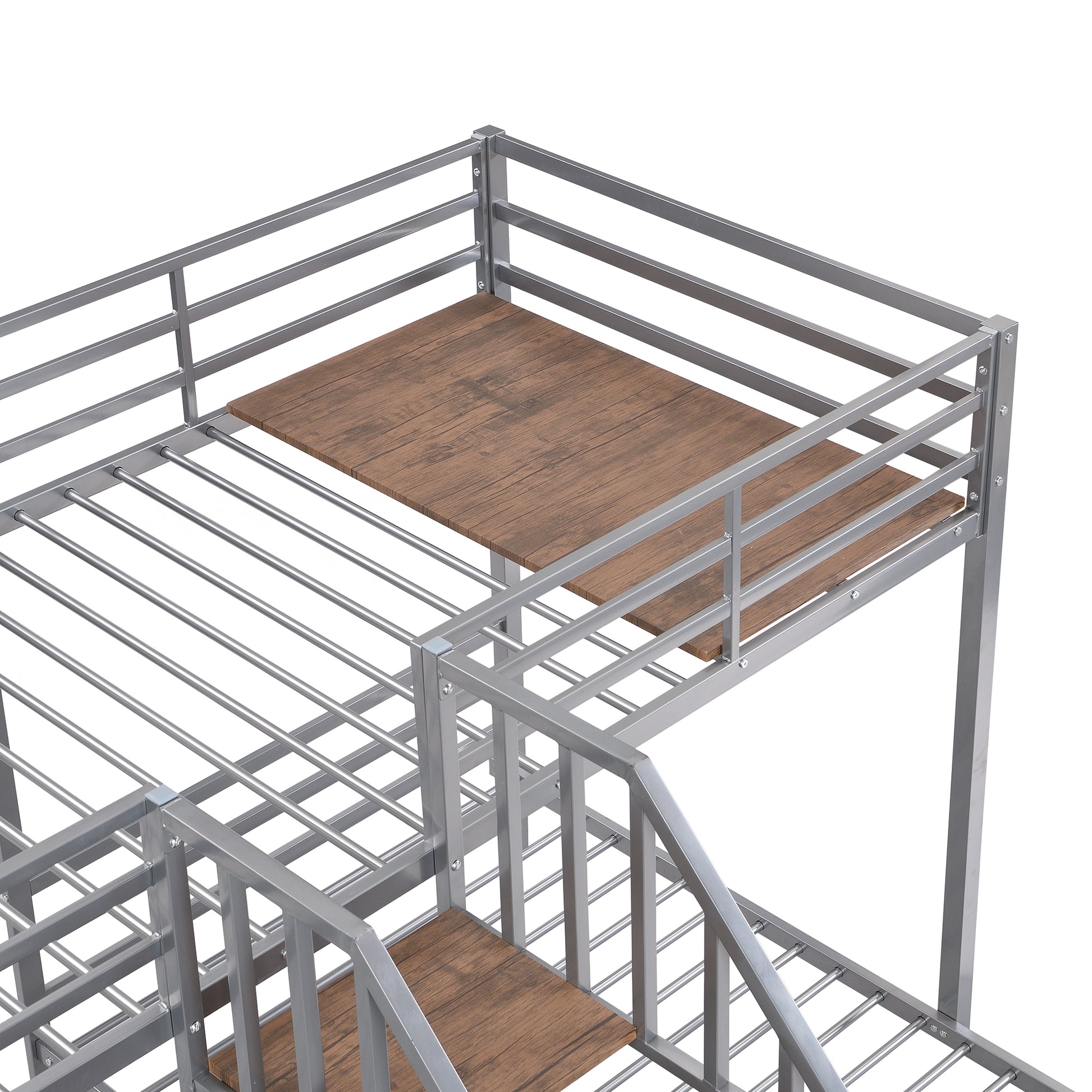 Metal Twin Over Twin & Twin Bunk Bed, Triple Bunk Bed With Storage Shelves Staircase, Silver Silver Metal & Wood