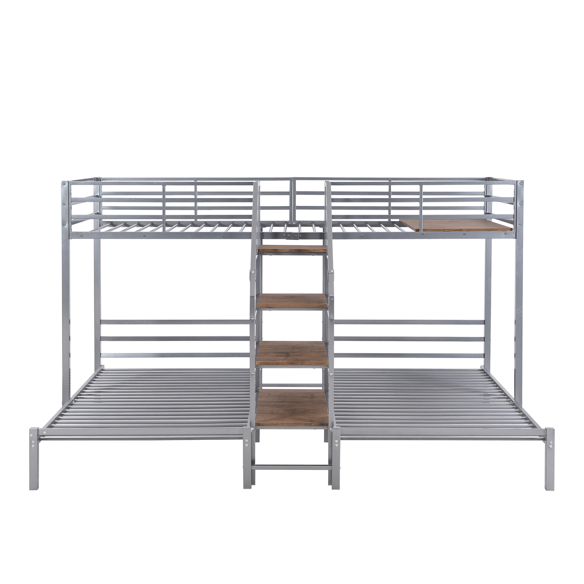 Metal Twin Over Twin & Twin Bunk Bed, Triple Bunk Bed With Storage Shelves Staircase, Silver Silver Metal & Wood