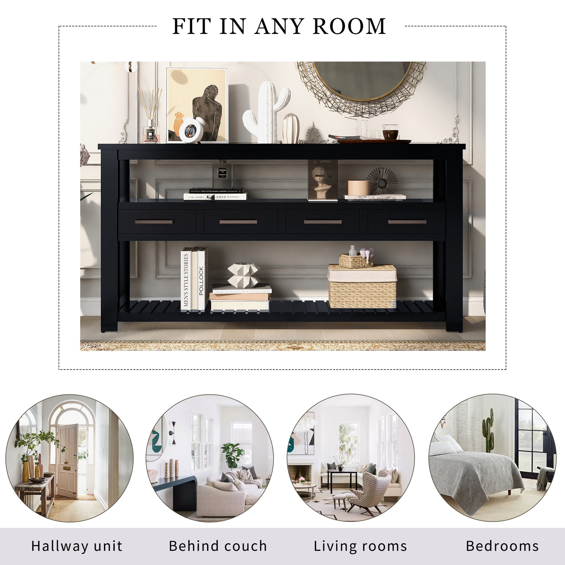 62.2'' Modern Console Table Sofa Table For Living Room With 4 Drawers And 2 Shelves Black Solid Wood Mdf