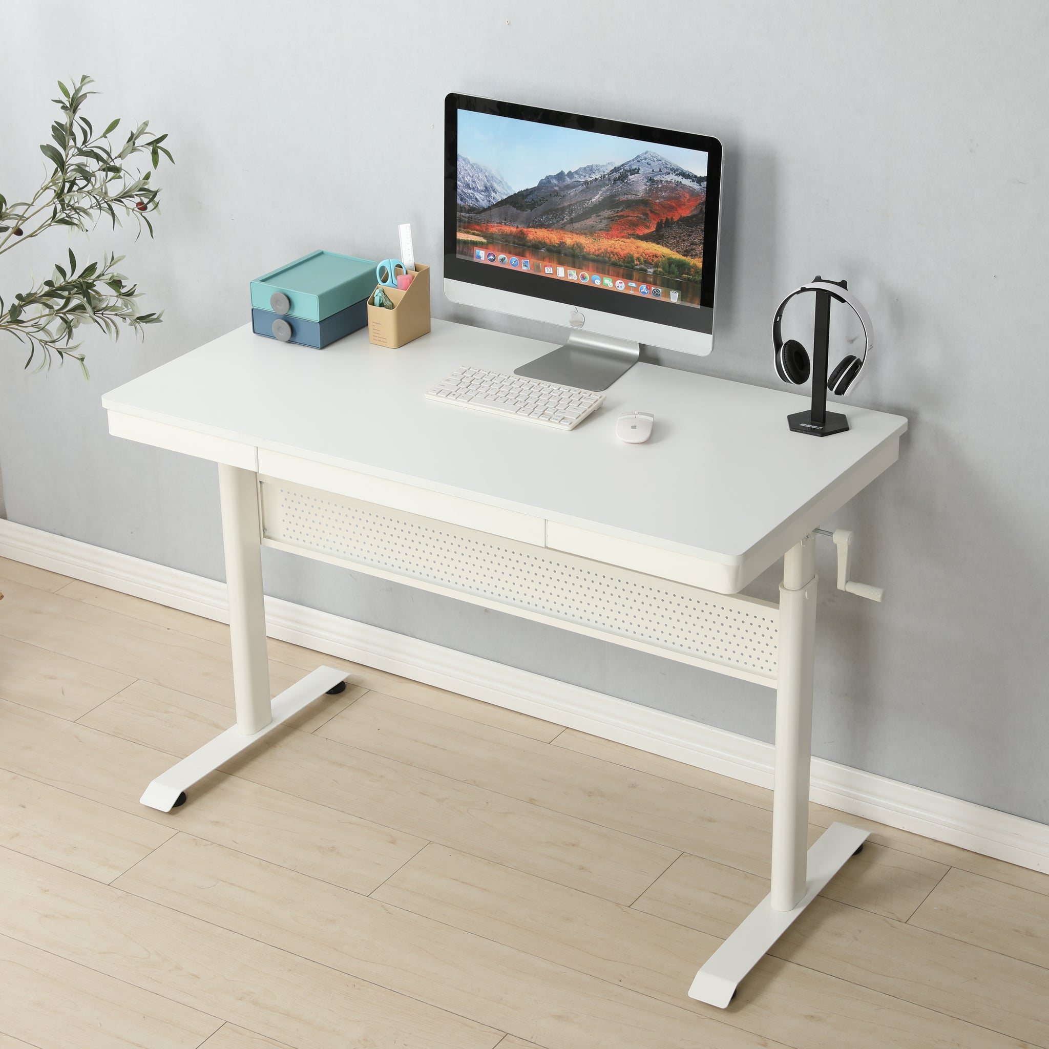 White Tabletop 48 X 24 Inchesstanding Desk With Metal Draweradjustable Height Stand Up Desk, Sit Stand Home Office Desk, Ergonomic Workstation White Mdf Steel