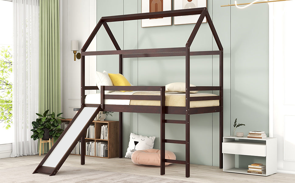 Twin Loft Bed with Slide, House Bed with Slide,Gray espresso-solid wood