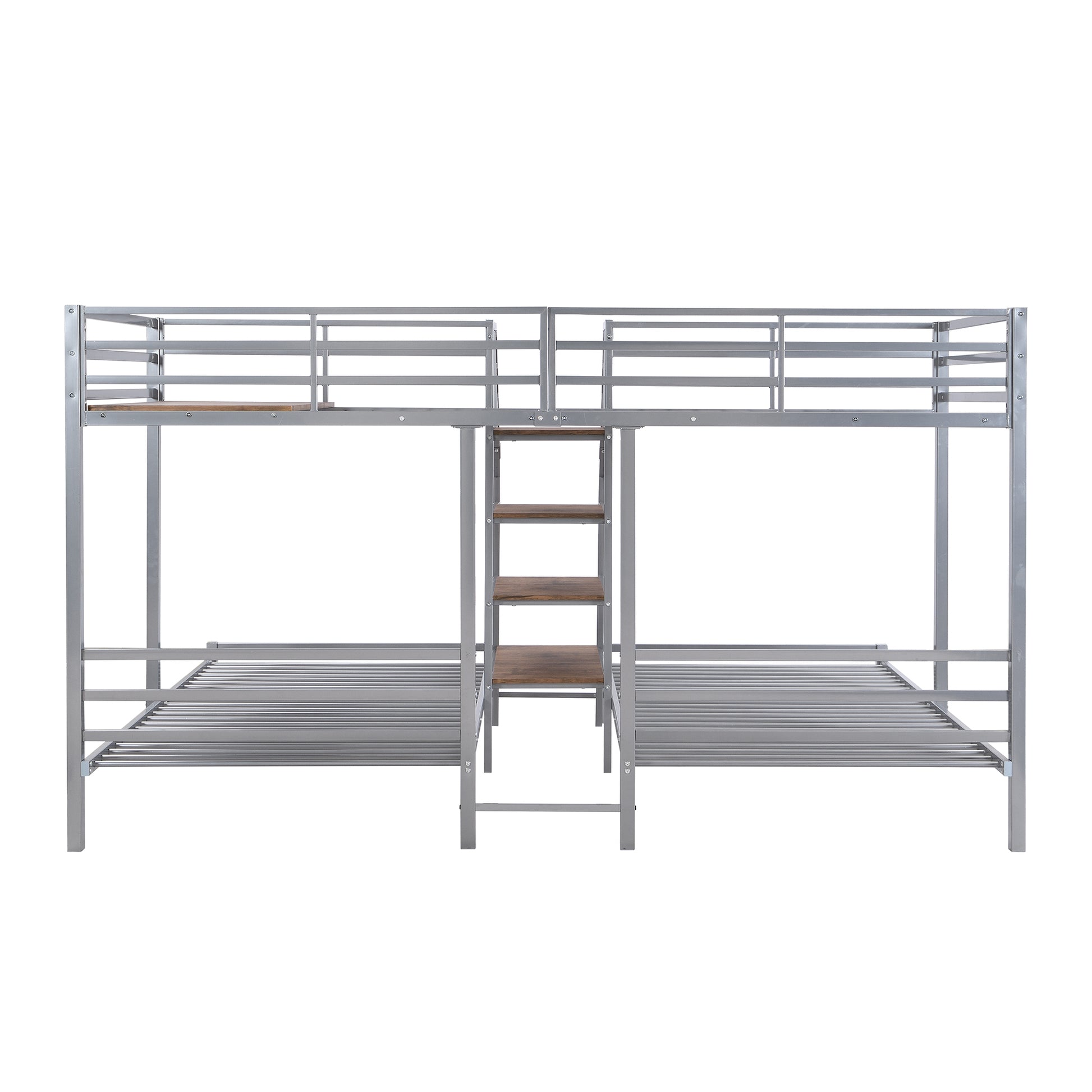 Metal Twin Over Twin & Twin Bunk Bed, Triple Bunk Bed With Storage Shelves Staircase, Silver Silver Metal & Wood