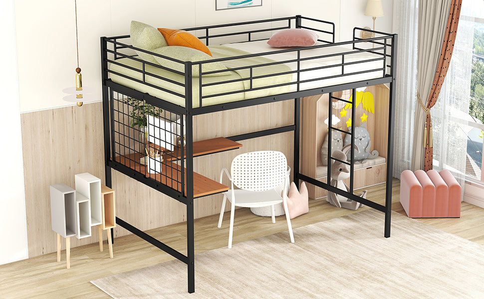 Full Metal Loft Bed With Desk And Metal Grid, Black Black Metal