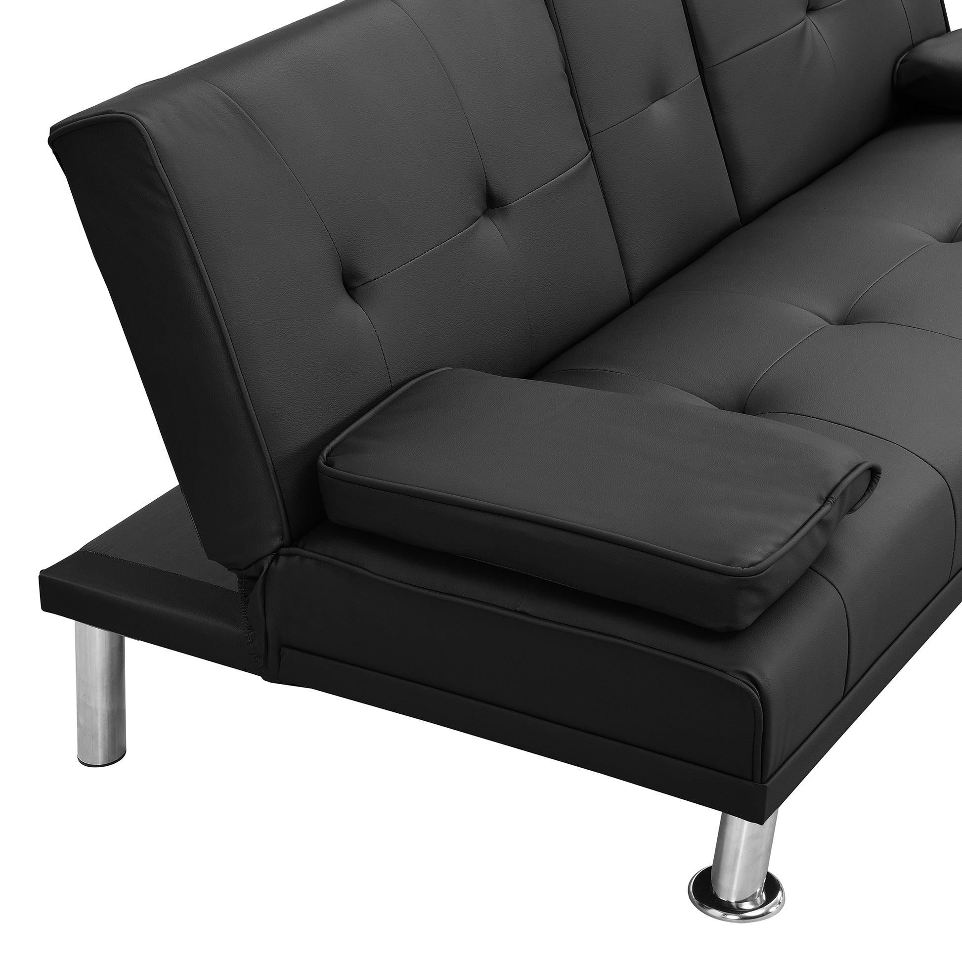 Sofa Bed With Armrest Two Holders Wood Frame, Stainless Leg, Futon Black Pvc Black Leather