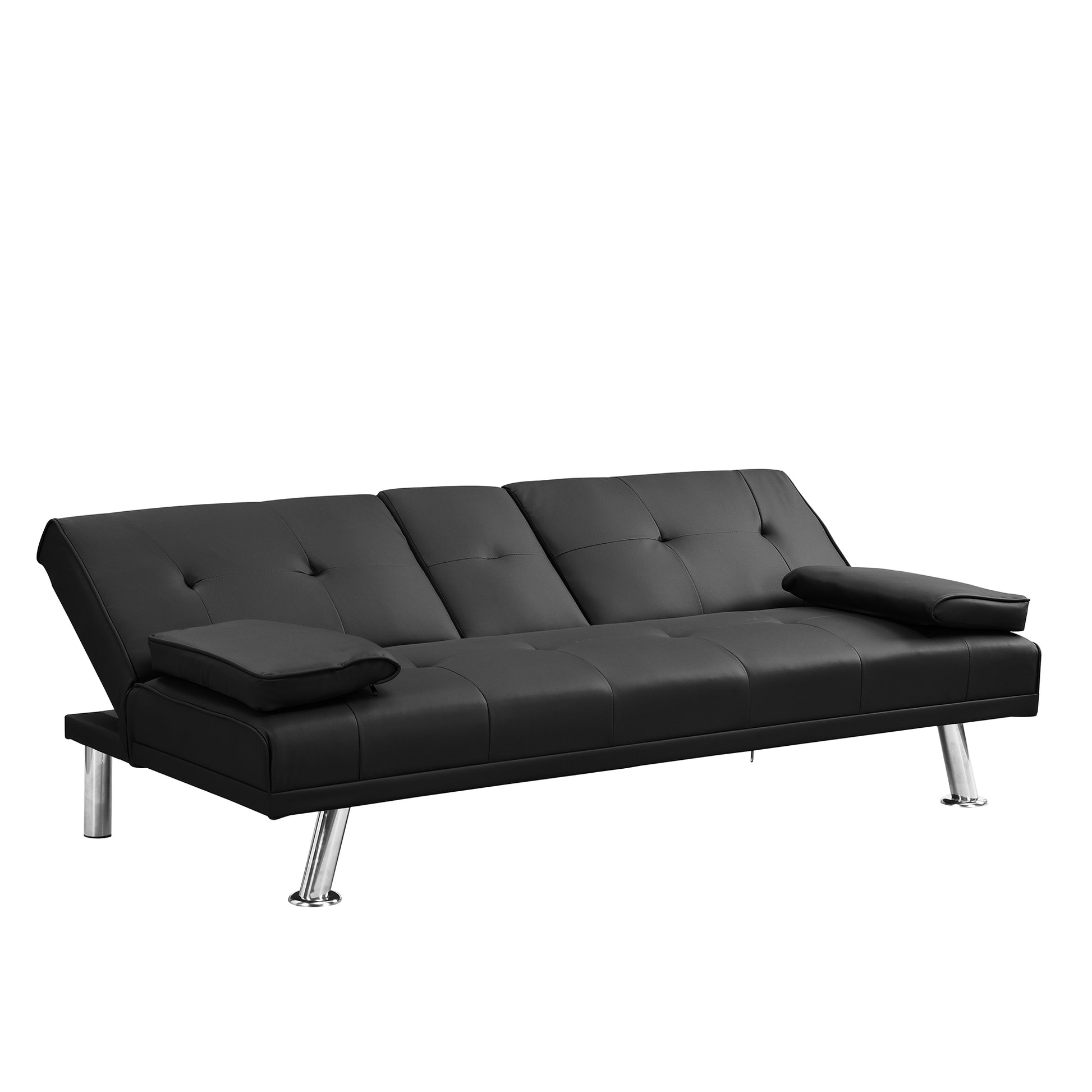 Sofa Bed With Armrest Two Holders Wood Frame, Stainless Leg, Futon Black Pvc Black Leather