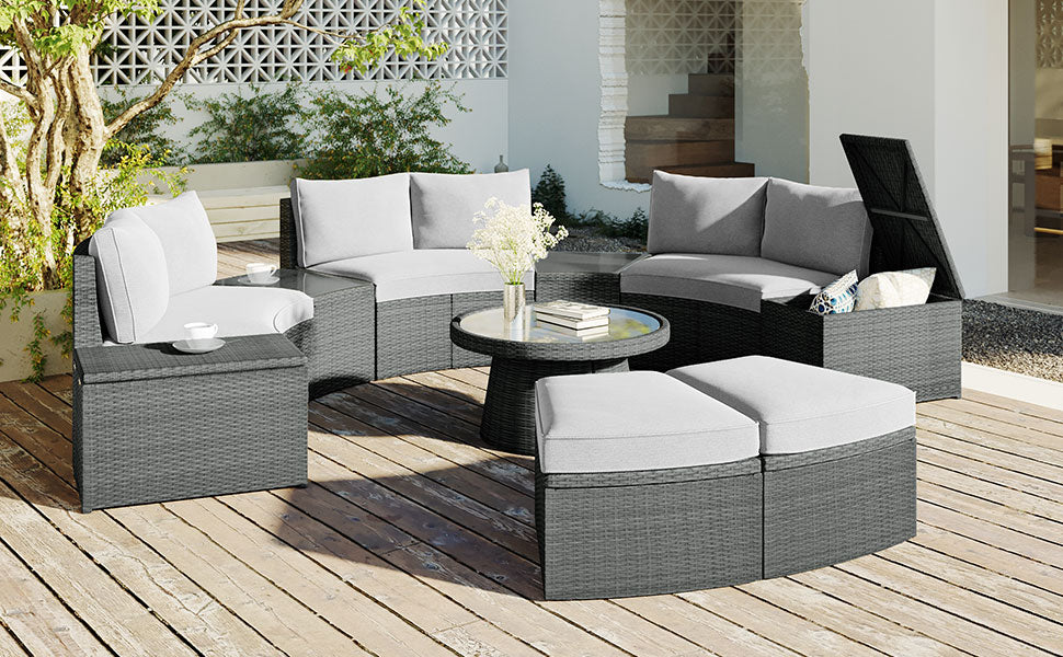 10 Piece Outdoor Sectional Half Round Patio Rattan Sofa Set, Pe Wicker Conversation Furniture Set Combination, Light Gray Yes Complete Patio Set Light Gray Water Resistant Frame Water Resistant