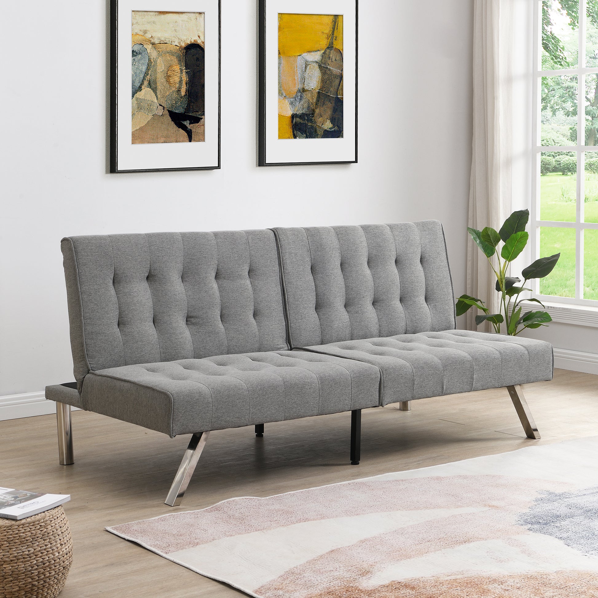 Wood Frame, Stainless Leg, Futon, Sofa Bed Grey Grey Fabric
