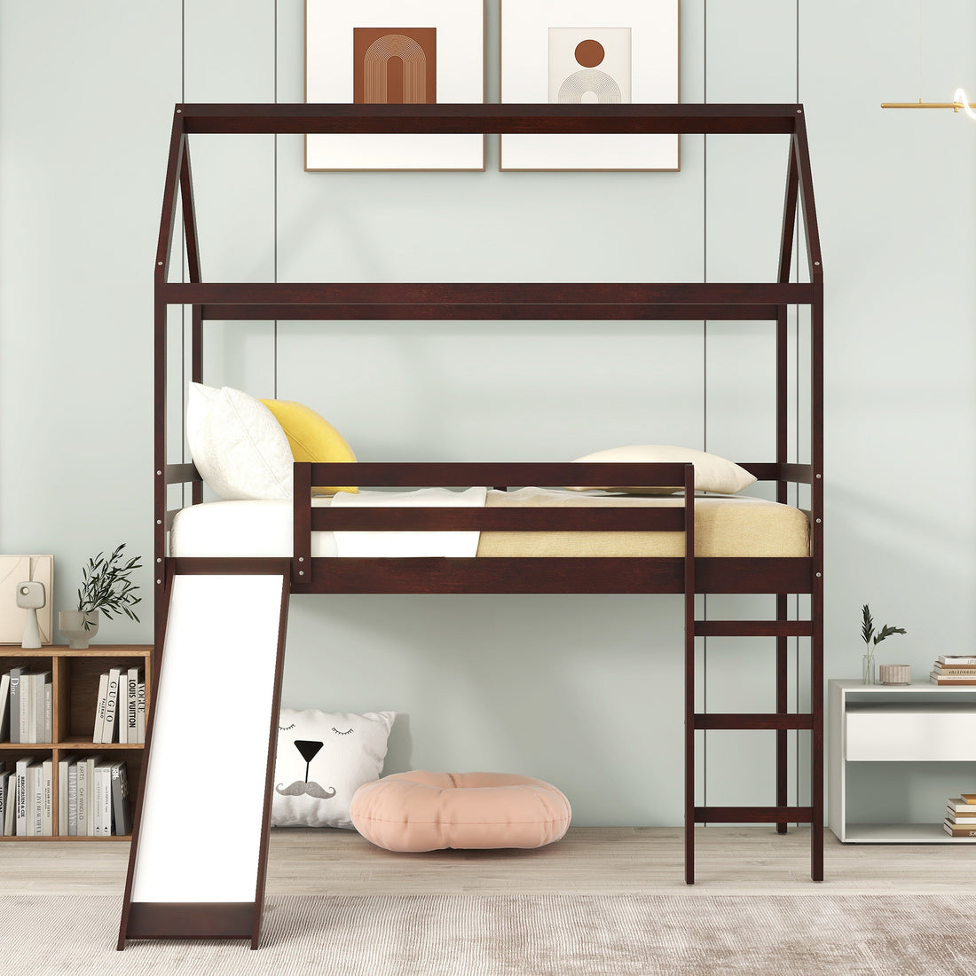 Twin Loft Bed With Slide, House Bed With Slide,Espresso Old Sku :Wf286245Aap Twin Espresso Solid Wood