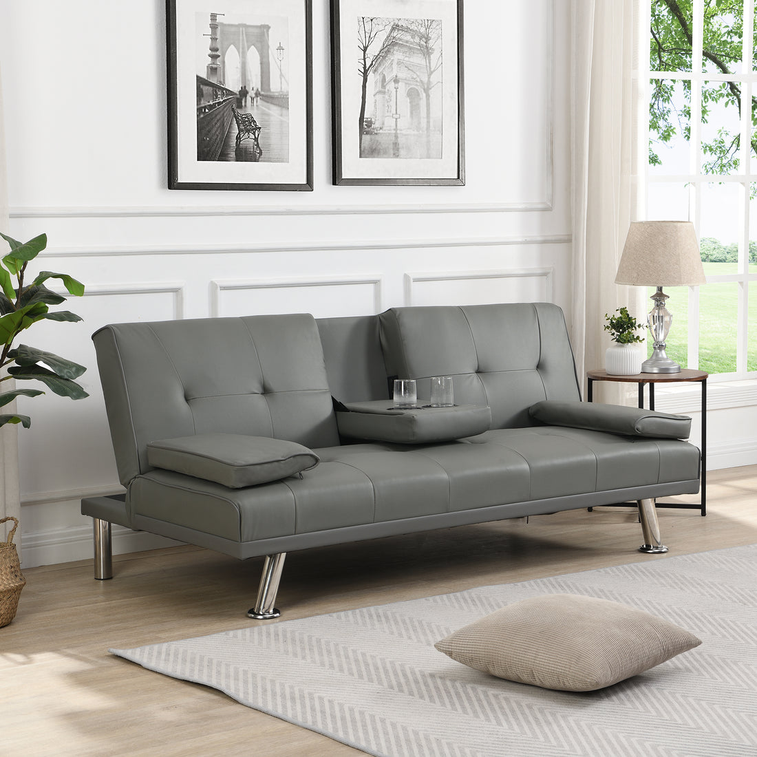 Sofa Bed With Armrest Two Holders Wood Frame, Stainless Leg, Futon Grey Pvc Grey Leather