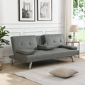Sofa Bed With Armrest Two Holders Wood Frame, Stainless Leg, Futon Grey Pvc Grey Leather