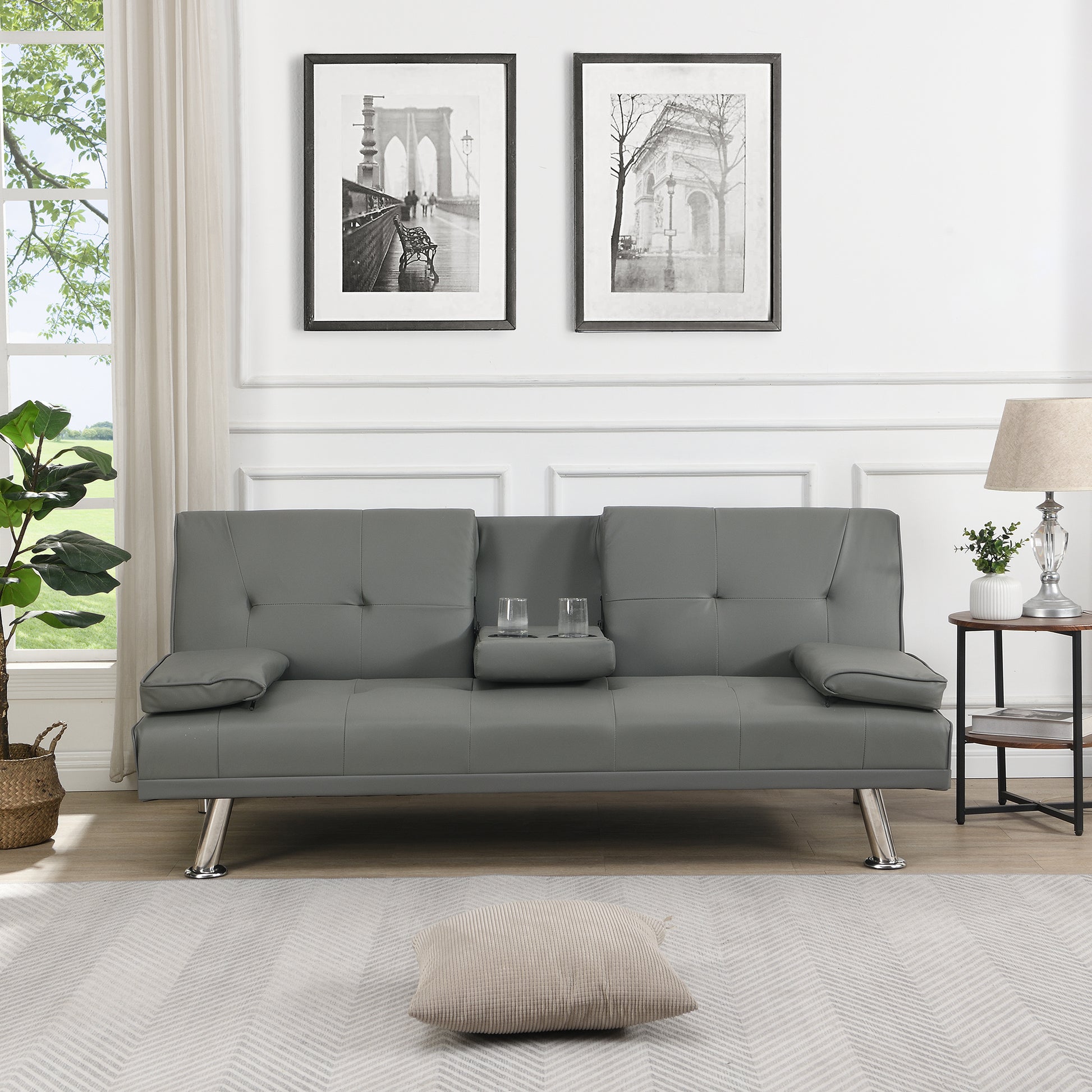 Sofa Bed With Armrest Two Holders Wood Frame, Stainless Leg, Futon Grey Pvc Grey Leather