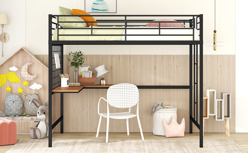 Full Metal Loft Bed With Desk And Metal Grid, Black Black Metal