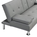 Sofa Bed With Armrest Two Holders Wood Frame, Stainless Leg, Futon Grey Pvc Grey Leather