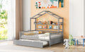 Wooden Full Size House Bed With Twin Size Trundle,Kids Bed With Shelf, Gray Gray Solid Wood