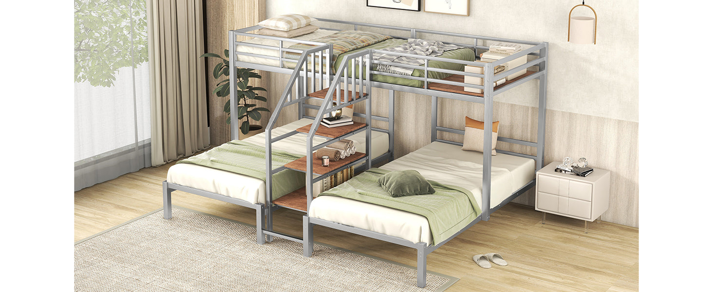 Metal Twin Over Twin & Twin Bunk Bed, Triple Bunk Bed With Storage Shelves Staircase, Silver Silver Metal & Wood