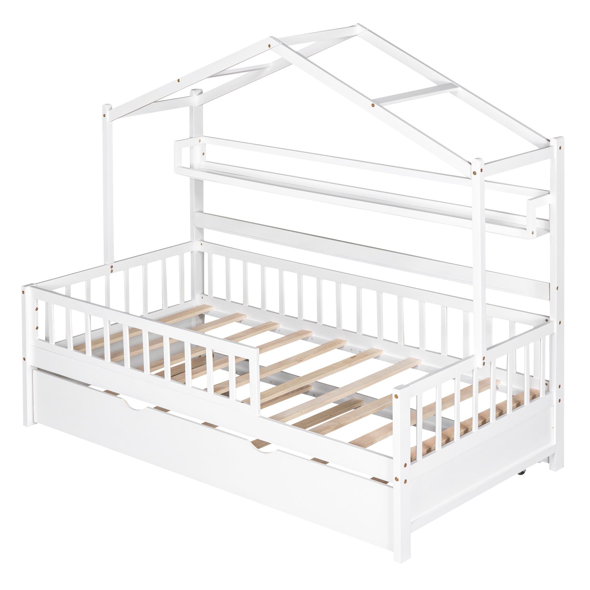 Wooden Twin Size House Bed With Trundle,Kids Bed With Shelf, White White Solid Wood