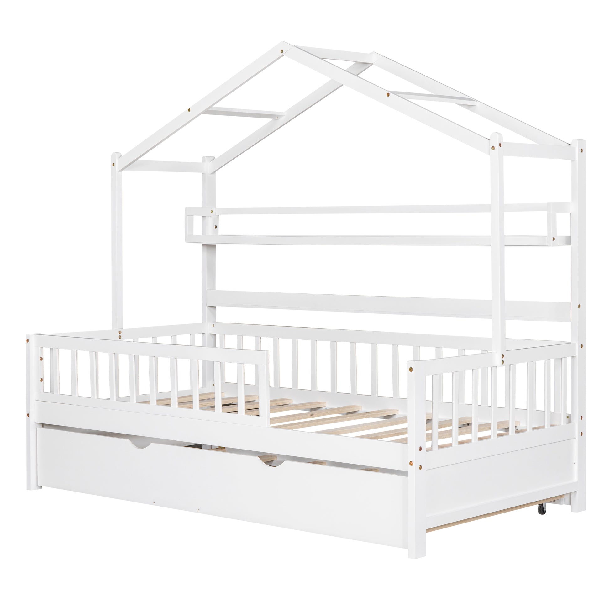 Wooden Twin Size House Bed With Trundle,Kids Bed With Shelf, White White Solid Wood