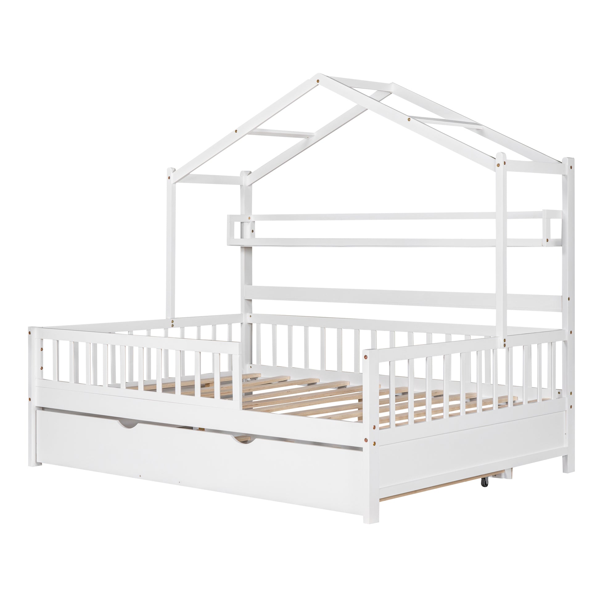 Wooden Full Size House Bed With Twin Size Trundle,Kids Bed With Shelf, White White Solid Wood