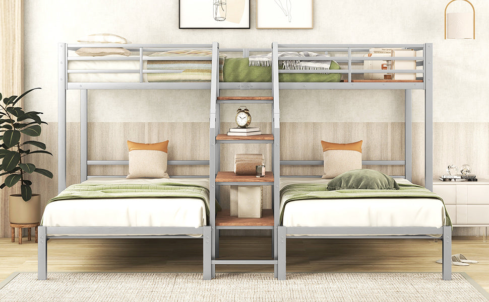 Metal Twin Over Twin & Twin Bunk Bed, Triple Bunk Bed With Storage Shelves Staircase, Silver Silver Metal & Wood