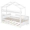 Wooden Twin Size House Bed With Trundle,Kids Bed With Shelf, White White Solid Wood