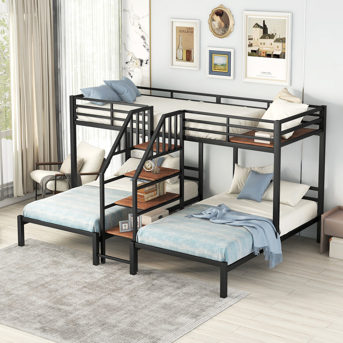 Metal Twin Over Twin & Twin Bunk Bed, Triple Bunk Bed With Storage Shelves Staircase, Black Twin Black Metal & Wood