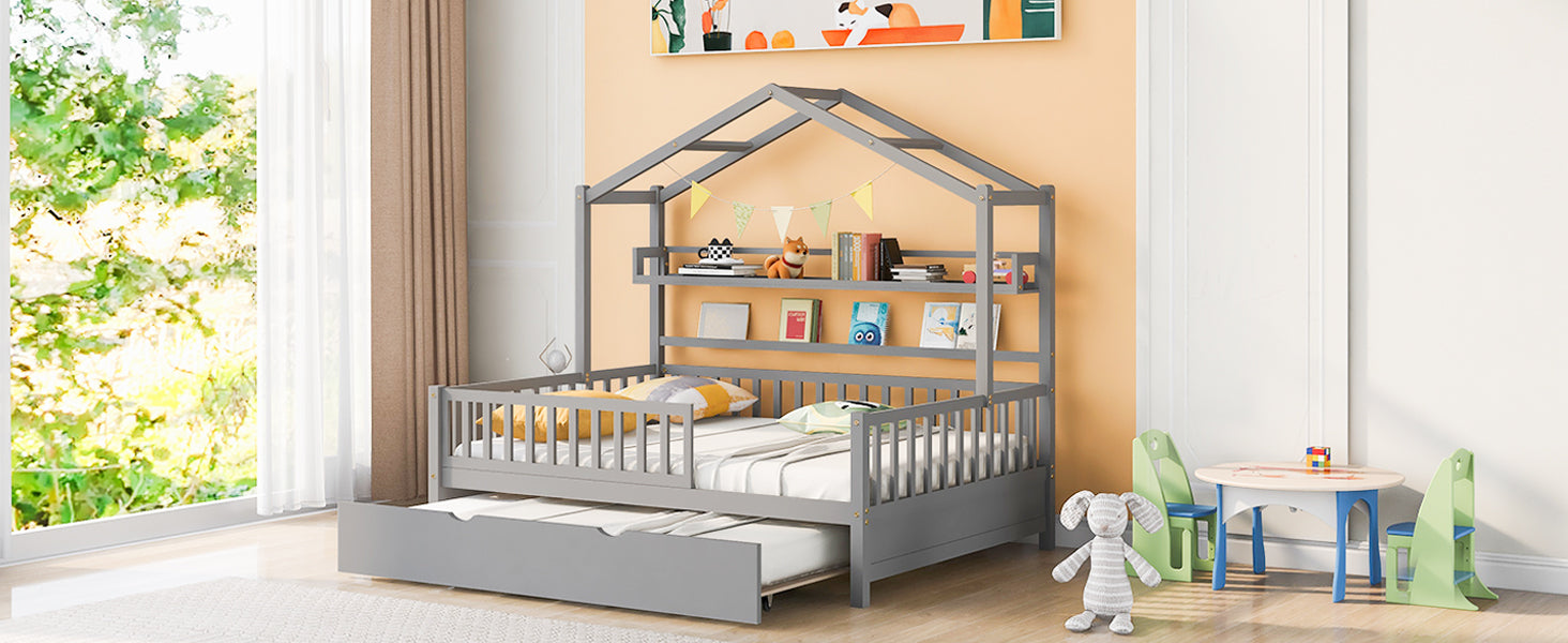 Wooden Full Size House Bed With Twin Size Trundle,Kids Bed With Shelf, Gray Gray Solid Wood