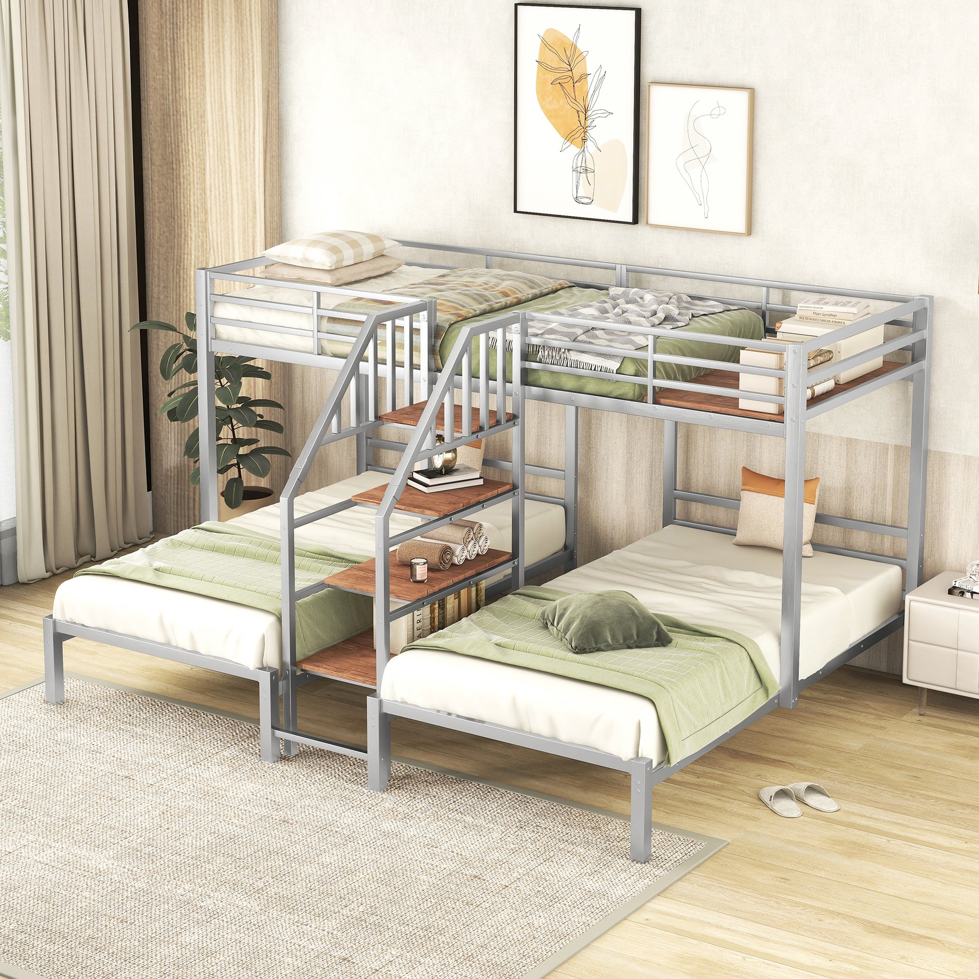 Metal Twin Over Twin & Twin Bunk Bed, Triple Bunk Bed With Storage Shelves Staircase, Silver Silver Metal & Wood