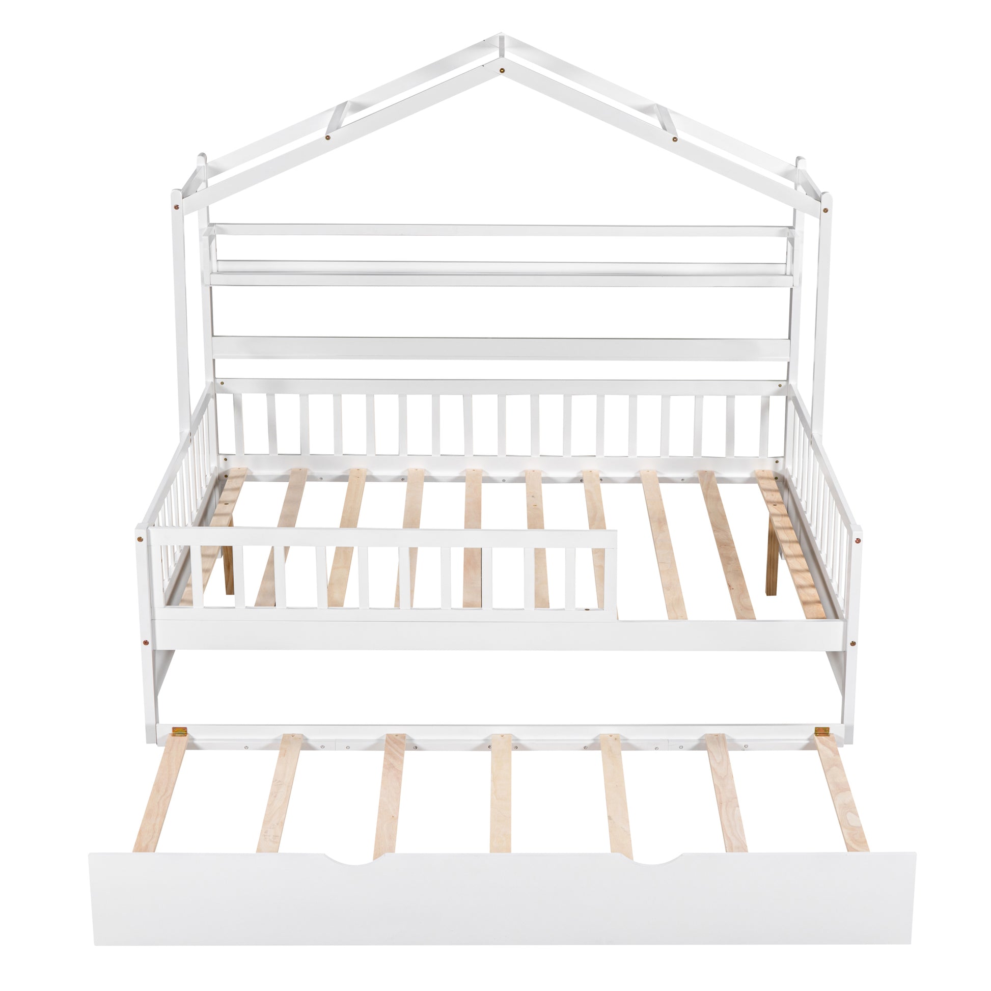 Wooden Full Size House Bed With Twin Size Trundle,Kids Bed With Shelf, White White Solid Wood